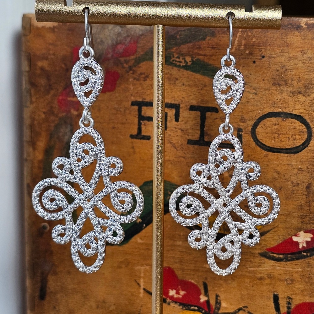 Silver Tone Filigree Earrings Women OS Dangle Drop Rhinestone Accents